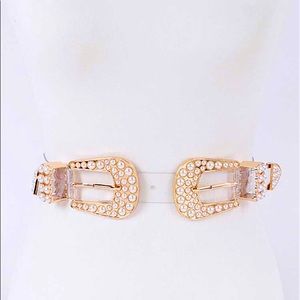 Gold Double Pearl Accent Buckle Clear Statement Belt